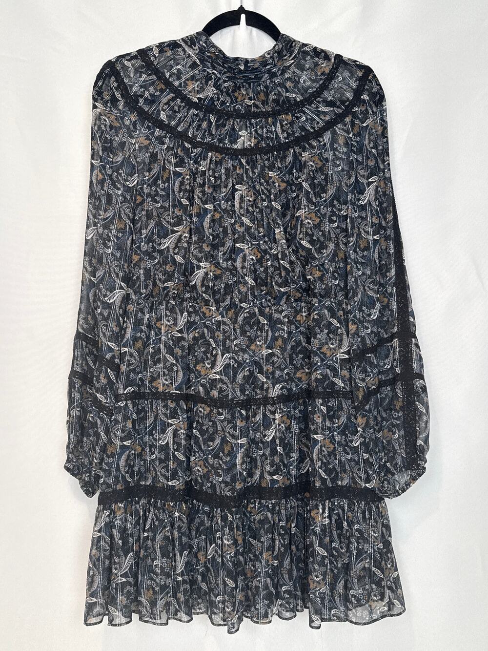 Veronica Beard Navy Paisley Metallic Chiffon Tiered High Neck Dress 12